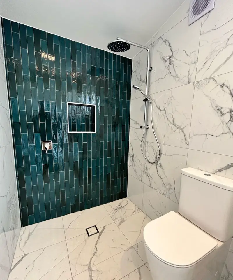 Walk-in shower, sage subway tile