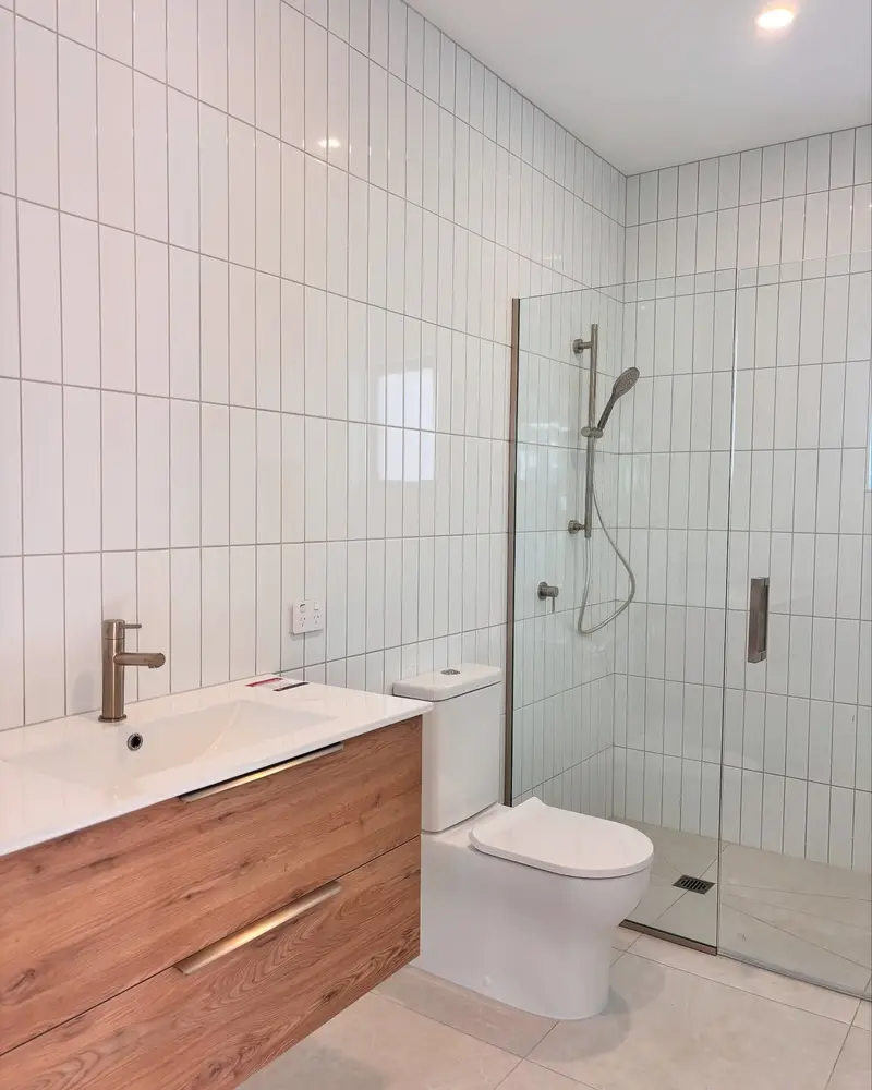 Crisp white bathroom, timber vanity